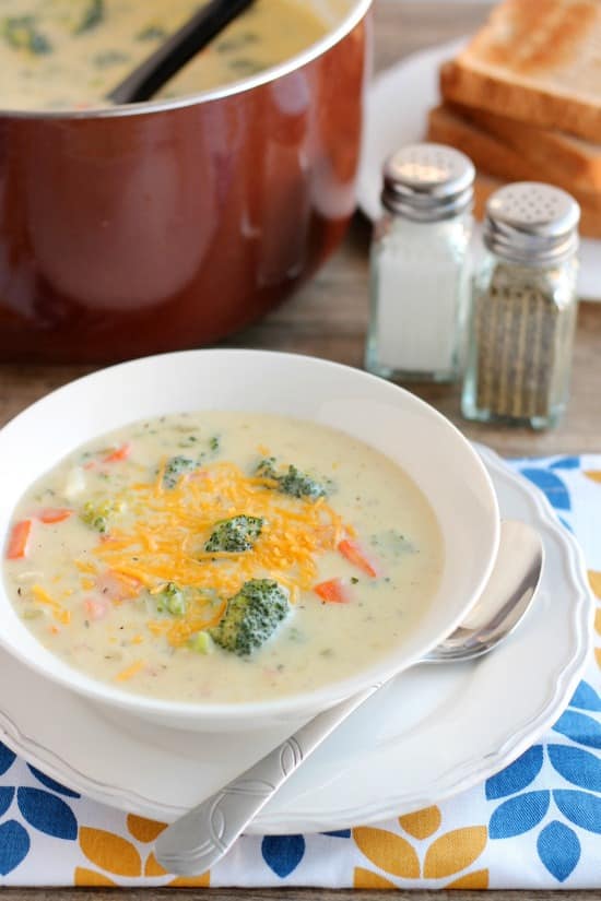 This Vegetable Chowder (also called Broccoli Cheese Potato Soup) is smooth, creamy, cheesy, and full of tender cooked vegetables. It's comfort food to keep you warm and full!