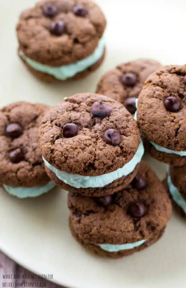 These festive cookie sandwiches are so simple to prepare, yet they're so much fun to eat! A fresh minty coconut cream sandwiched between two double-chocolate cookies is a match made in heaven.