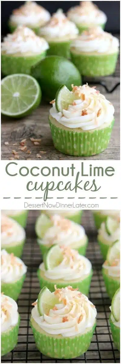 These Coconut Lime Cupcakes are the perfect mix of tropical and citrus flavors, with a lime and coconut cupcake base, coconut cream cheese frosting, and toasted coconut on top!