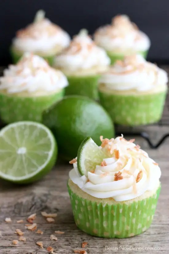 These Coconut Lime Cupcakes are the perfect mix of tropical and citrus flavors, with a lime and coconut cupcake base, coconut cream cheese frosting, and toasted coconut on top!