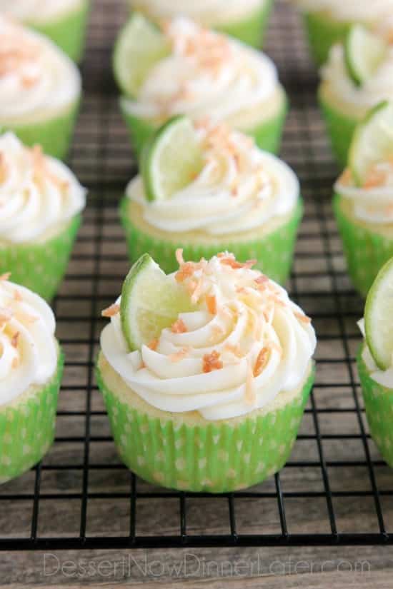 These Coconut Lime Cupcakes are the perfect mix of tropical and citrus flavors, with a lime and coconut cupcake base, coconut cream cheese frosting, and toasted coconut on top!