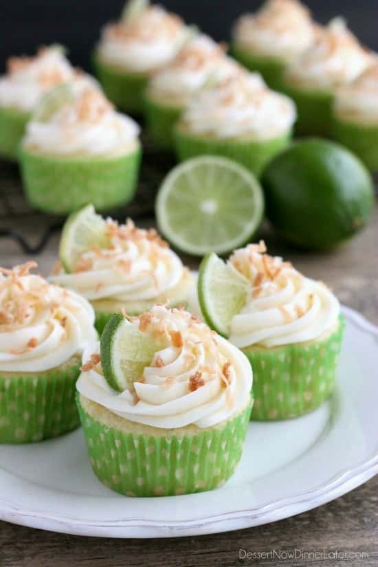 These Coconut Lime Cupcakes are the perfect mix of tropical and citrus flavors, with a lime and coconut cupcake base, coconut cream cheese frosting, and toasted coconut on top!