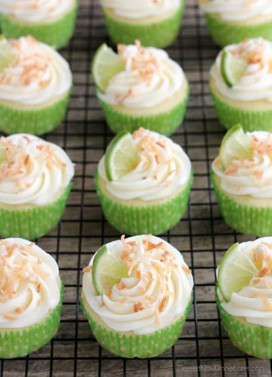 These Coconut Lime Cupcakes are the perfect mix of tropical and citrus flavors, with a lime and coconut cupcake base, coconut cream cheese frosting, and toasted coconut on top!