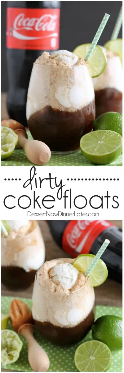 Dirty Coke Floats – smooth coconut ice cream, a tangy squeeze of lime, and fizzy Coca-Cola creates this addicting ice cream-soda float!