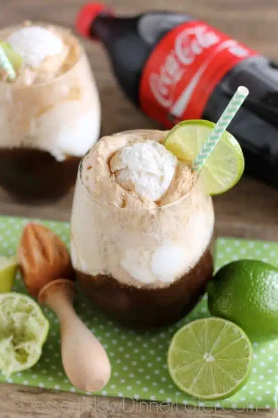 Dirty Coke Floats – smooth coconut ice cream, a tangy squeeze of lime, and fizzy Coca-Cola creates this addicting ice cream-soda float!