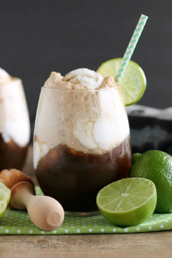 Dirty Coke Floats – smooth coconut ice cream, a tangy squeeze of lime, and fizzy Coca-Cola creates this addicting ice cream-soda float!