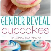 These Gender Reveal Cupcakes have pink, blue, and white swirled frosting on top that hides the secret colored heart in the center of the cupcake revealing the baby's gender when you bite into it! (Step-by-Step Photo Tutorial)