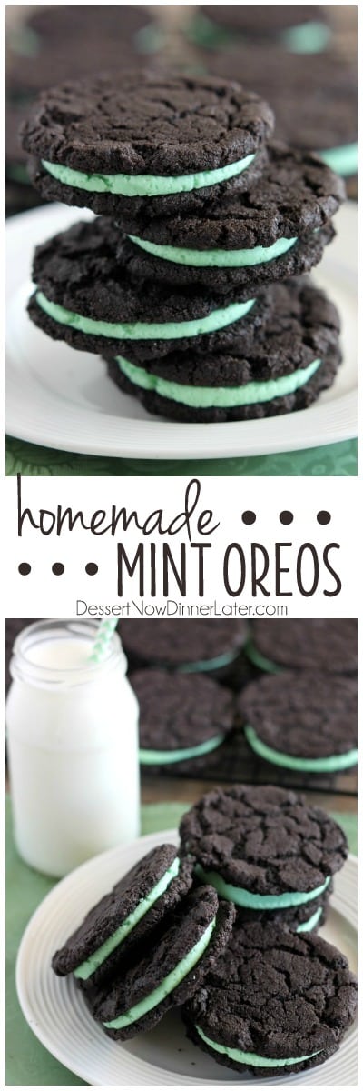 These Homemade Mint Oreos have a simple mint buttercream sandwiched between crisp, yet tender, dark chocolate cookies!