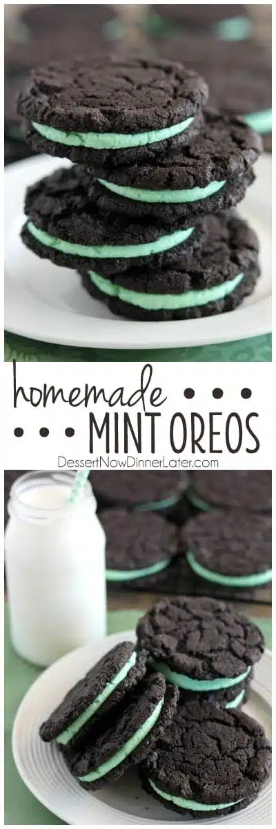 These Homemade Mint Oreos have a simple mint buttercream sandwiched between crisp, yet tender, dark chocolate cookies!