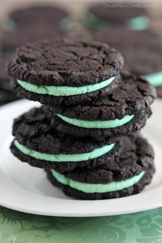 These Homemade Mint Oreos have a simple mint buttercream sandwiched between crisp, yet tender, dark chocolate cookies!