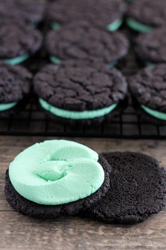 These Homemade Mint Oreos have a simple mint buttercream sandwiched between crisp, yet tender, dark chocolate cookies!