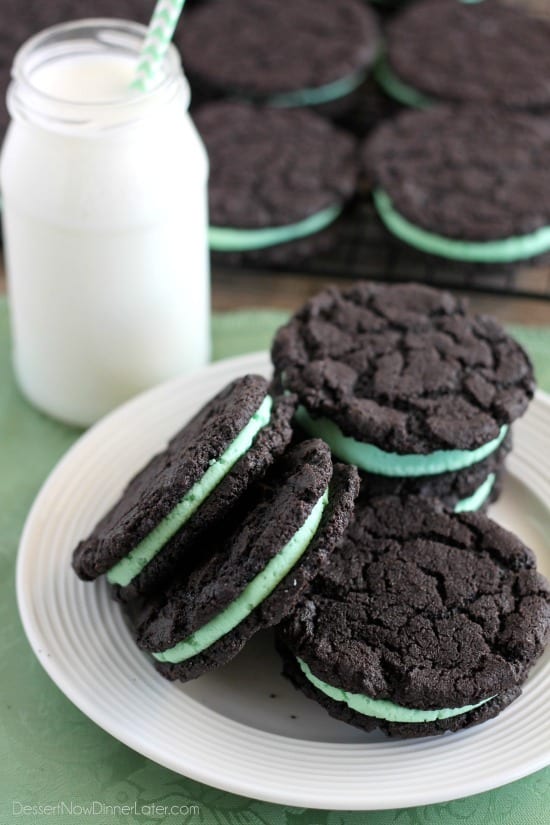 These Homemade Mint Oreos have a simple mint buttercream sandwiched between crisp, yet tender, dark chocolate cookies!