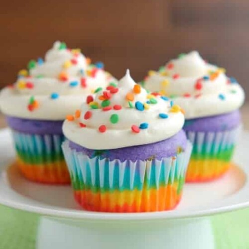 These Rainbow Cupcakes are made with a simple boxed white cake mix, colored, and layered to make a rainbow, with whipped cream cheese frosting on top! (Includes photo tutorial, and tips on baking cupcakes to perfection!)
