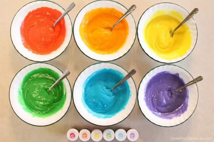 Rainbow Cupcake Batter - red, orange, yellow, green, blue, purple.