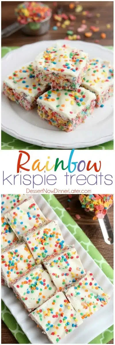 Fruity Pebbles, marshmallows, white chocolate, and confetti sprinkles, come together to make these Rainbow Krispie Treats! An easy St. Patrick's Day dessert!