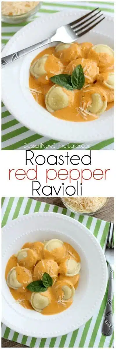 Roasted Red Pepper Ravioli - Fresh and creamy roasted red pepper sauce atop al dente cooked cheese filled ravioli, for a restaurant-quality Italian dish made easy at home!