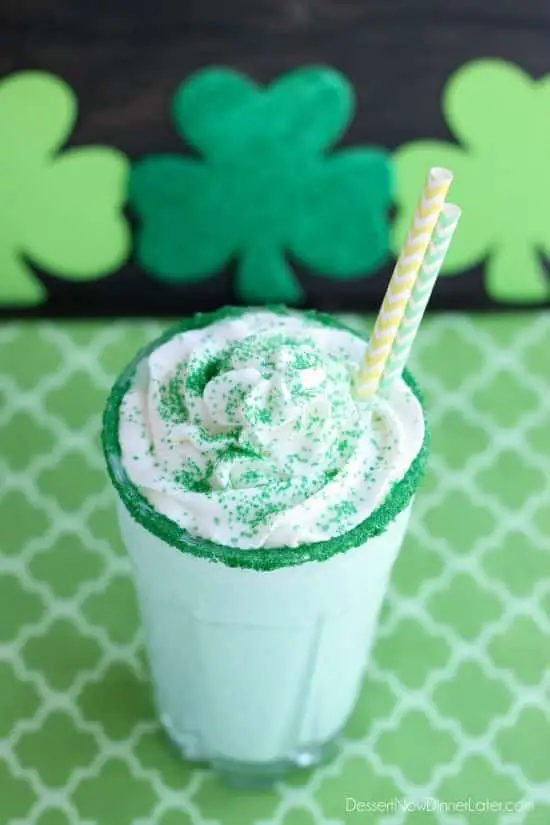 This Copycat McDonald's Shamrock Shake is minty, green, and topped with whipped cream! Perfect for St. Patrick's Day!