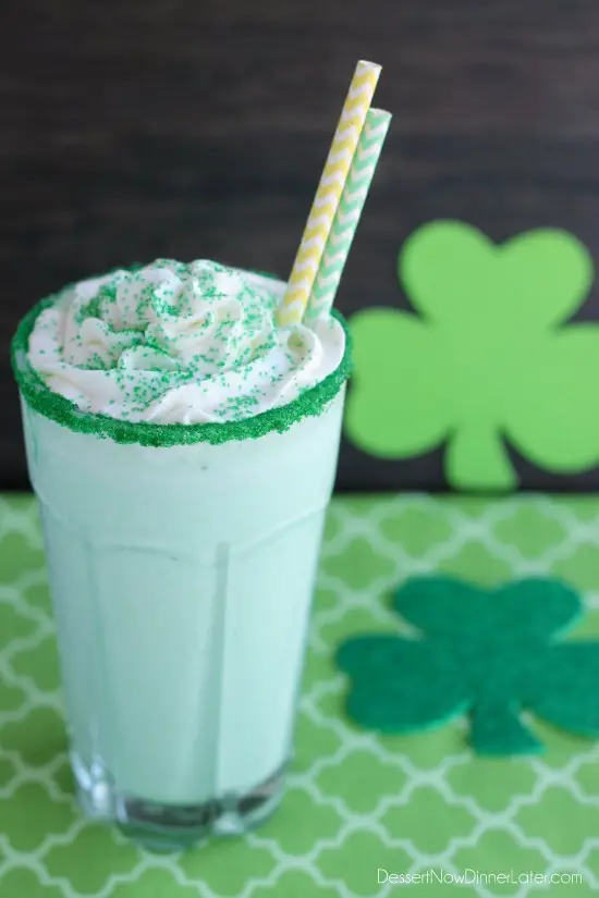 This Copycat McDonald's Shamrock Shake is minty, green, and topped with whipped cream! Perfect for St. Patrick's Day!