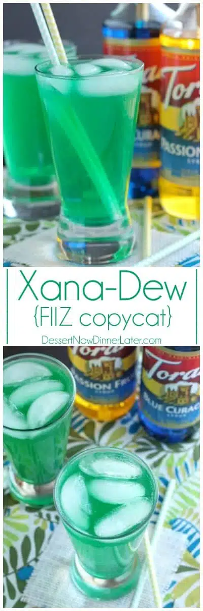 Xanadew - this FIIZ soda shop copycat drink recipe uses blue curacao and passion fruit syrups mixed into Mountain Dew for a fun green tropical mocktail!