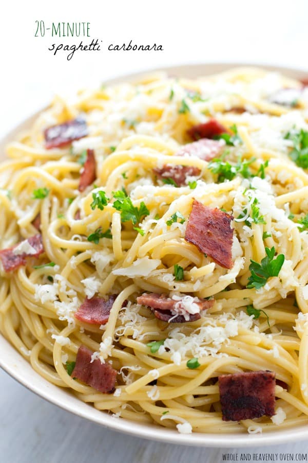 This traditional spaghetti carbonara is rich, creamy and loaded with lots of crispy bacon and nutty Parmesan.--- It's on the table in only 20 minutes! @WholeHeavenly