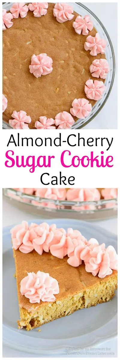 Almond Cherry Sugar Cookie Cake - Almond flavored sugar cookie cake with slivered almonds throughout and topped with cherry frosting. The best sugar cookie you will ever have!