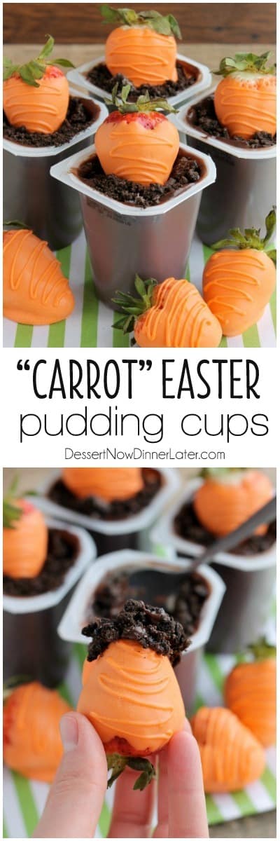 Carrot Easter Pudding Cups - These fun pudding cups are perfect for Spring and Easter with an orange candy dipped strawberry 