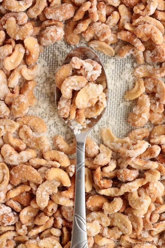 These Coconut Cashews, inspired by Trader Joe's, are made with coconut milk, coconut oil, sugar, and coconut flakes to create some incredibly delicious candied nuts!