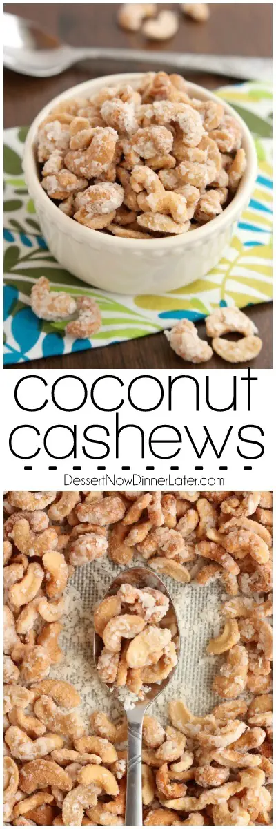 These Coconut Cashews, inspired by Trader Joe's, are made with coconut milk, coconut oil, sugar, and coconut flakes to create some incredibly delicious candied nuts!