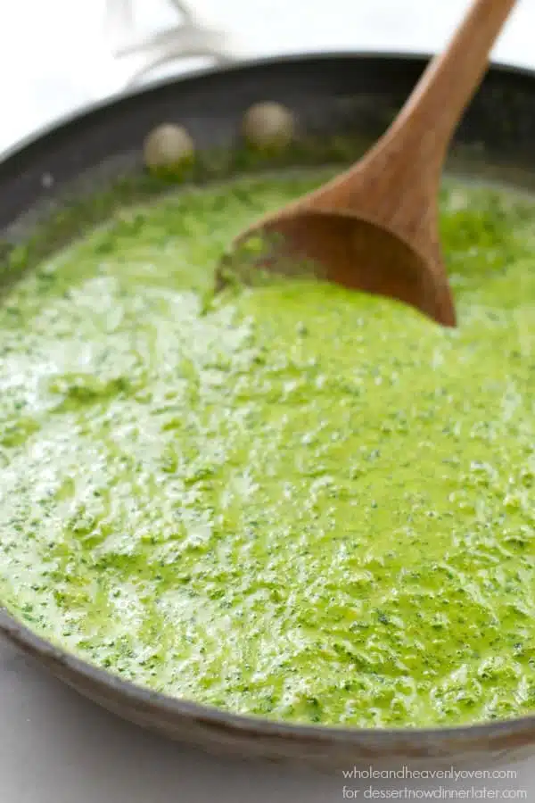 This creamy fettuccine combines the best worlds of both alfredo sauce and fresh pesto into one fresh springtime pasta side dish!