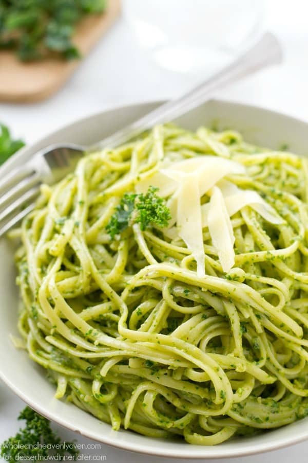 This creamy fettuccine combines the best worlds of both alfredo sauce and fresh pesto into one fresh springtime pasta side dish!