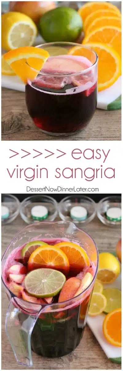 Easy Virgin Sangria - only 2 ingredients plus fresh cut fruit. A bubbly, fruity drink perfect for any party!