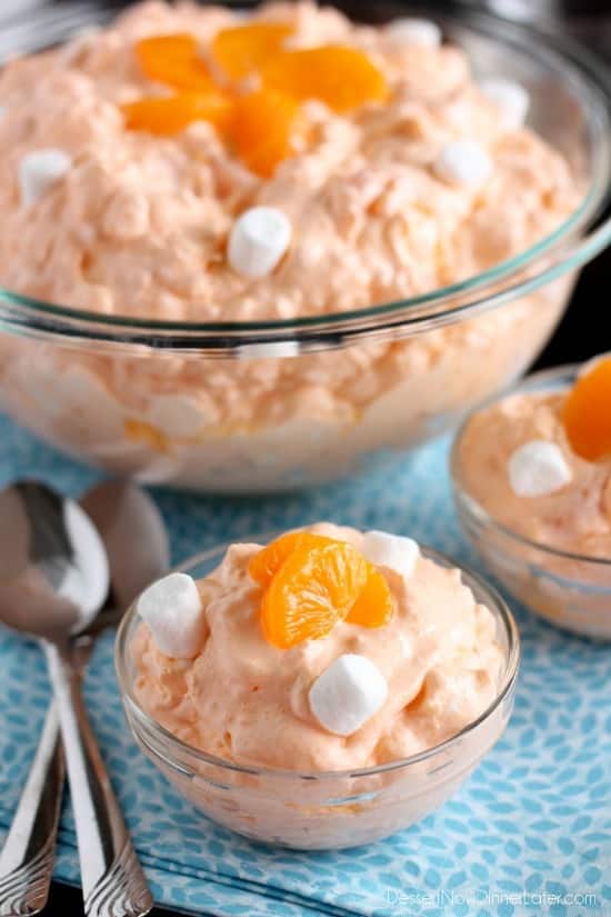 This Orange Fluff Fruit Salad can be thrown together quick, with only 6 to 7 ingredients, and is a potluck favorite!