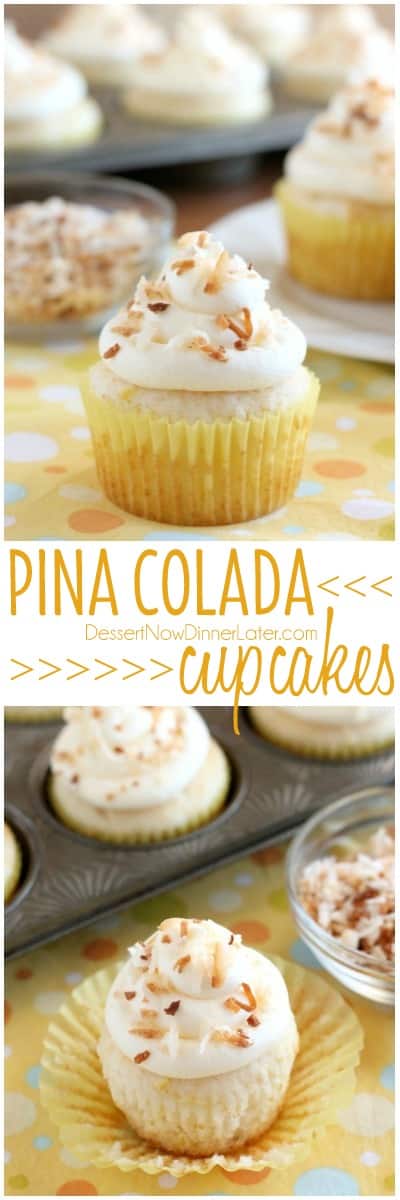 These Pina Colada Cupcakes have crushed pineapple in the cake, and coconut & rum extracts in the frosting, for a frozen drink inspired tropical dessert!