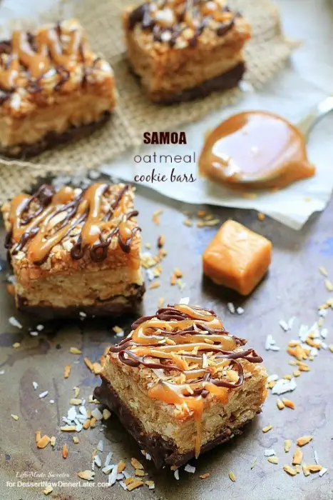 Samoa Oatmeal Cookie Bars - These soft oatmeal cookie bars combine the beloved caramel, chocolate and coconut flavors of the Samoa Girl Scout cookies.