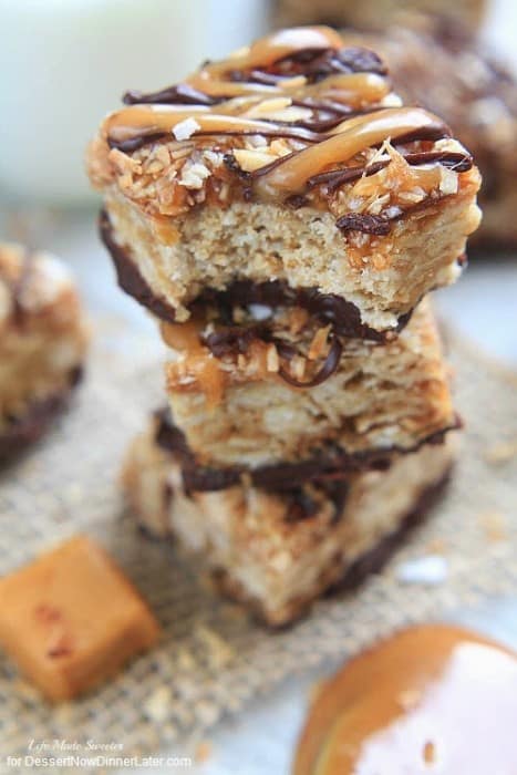 Samoa Oatmeal Cookie Bars  - These soft oatmeal cookie bars combine the beloved caramel, chocolate and coconut flavors of the Samoa Girl Scout cookies.