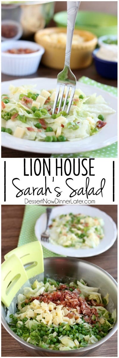 Sarah's Salad from Utah's Lion House restaurant uses crisp iceberg lettuce, peas, bacon, green onions, and swiss cheese tossed in a simple, sweet dressing.