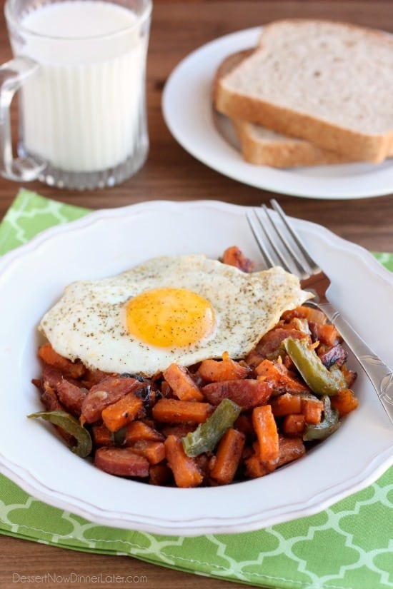 Sausage and Sweet Potato Hash is made easy with Alexia Sweet Potato Fries! Top it all off with a sunny side up egg for a great breakfast or breakfast for dinner option!