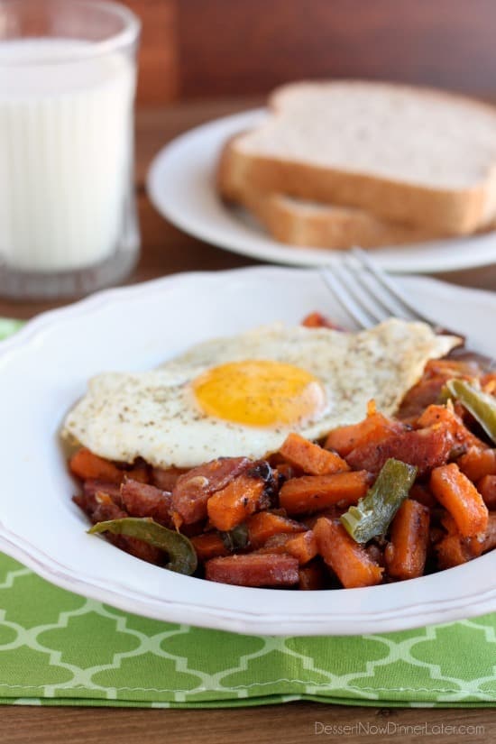 Sausage and Sweet Potato Hash is made easy with Alexia Sweet Potato Fries! Top it all off with a sunny side up egg for a great breakfast or breakfast for dinner option!