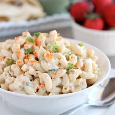 This Hawaiian-style macaroni salad is super creamy, lightly sweet, and truly the BEST macaroni salad out there! The perfect side dish for any party or potluck!