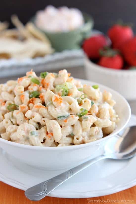 This Hawaiian-style macaroni salad is super creamy, lightly sweet, and truly the BEST macaroni salad out there! The perfect side dish for any party or potluck!