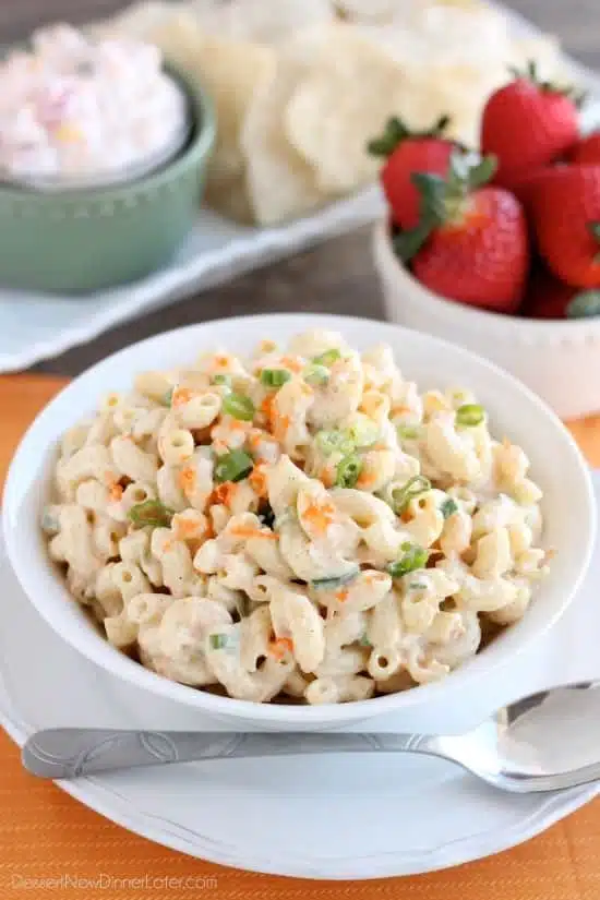 This Hawaiian-style macaroni salad is super creamy, lightly sweet, and truly the BEST macaroni salad out there! The perfect side dish for any party or potluck!