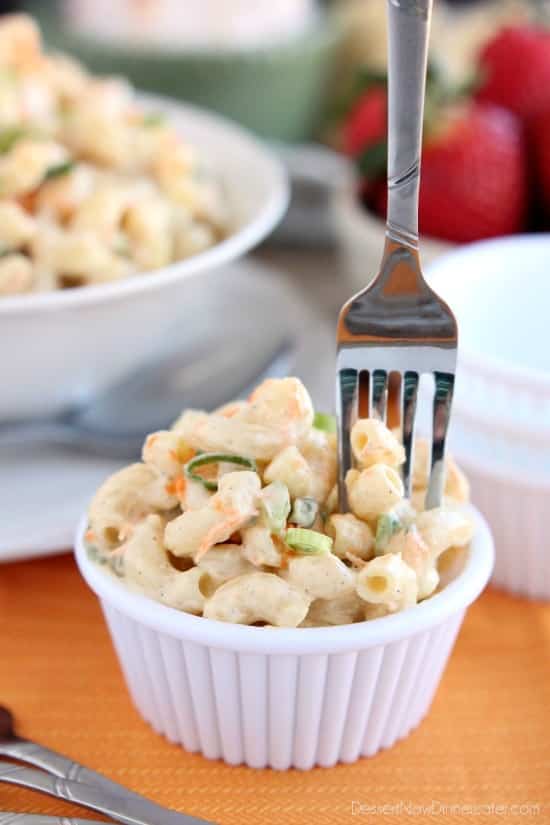 This Hawaiian-style macaroni salad is super creamy, lightly sweet, and truly the BEST macaroni salad out there! The perfect side dish for any party or potluck!