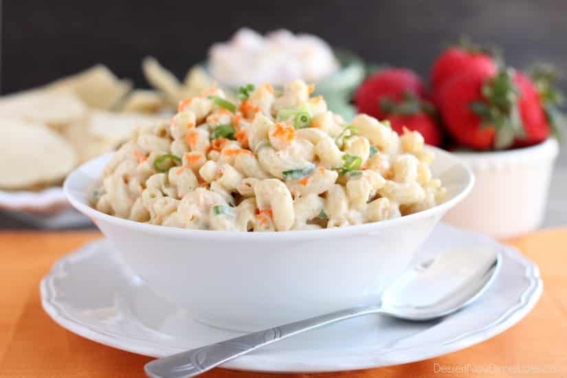 This Hawaiian-style macaroni salad is super creamy, lightly sweet, and truly the BEST macaroni salad out there! The perfect side dish for any party or potluck!