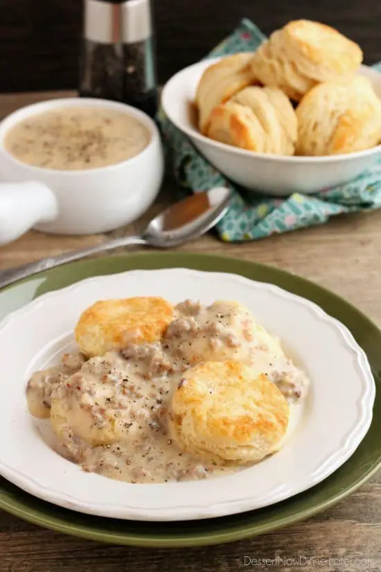 Biscuits and Gravy - a simple and spicy peppered sausage gravy atop flaky, foolproof buttermilk biscuits, makes a great breakfast or brunch option!