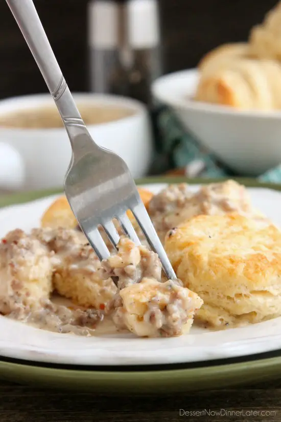Biscuits and Gravy - a simple and spicy peppered sausage gravy atop flaky, foolproof buttermilk biscuits, makes a great breakfast or brunch option!