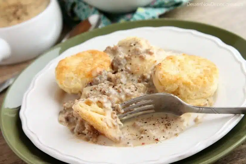 Biscuits and Gravy - a simple and spicy peppered sausage gravy atop flaky, foolproof buttermilk biscuits, makes a great breakfast or brunch option!