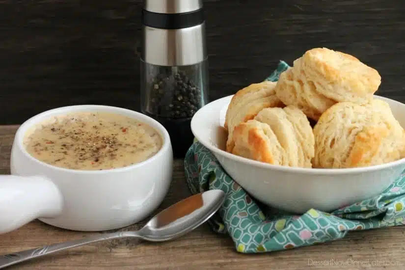 Biscuits and Gravy - a simple and spicy peppered sausage gravy atop flaky, foolproof buttermilk biscuits, makes a great breakfast or brunch option!