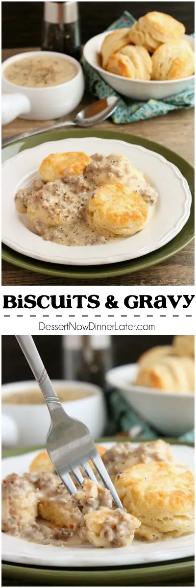 Biscuits and Gravy - a simple and spicy peppered sausage gravy atop flaky, foolproof buttermilk biscuits, makes a great breakfast or brunch option!