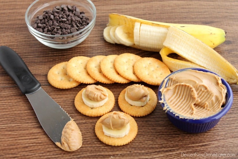 Chocolate Peanut Butter Banana RITZ® Bites - cracker + banana + peanut butter