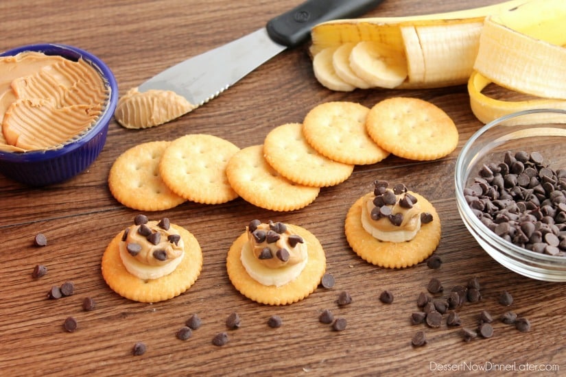 Chocolate Peanut Butter Banana RITZ® Bites - cracker + banana + peanut butter + chocolate chips
